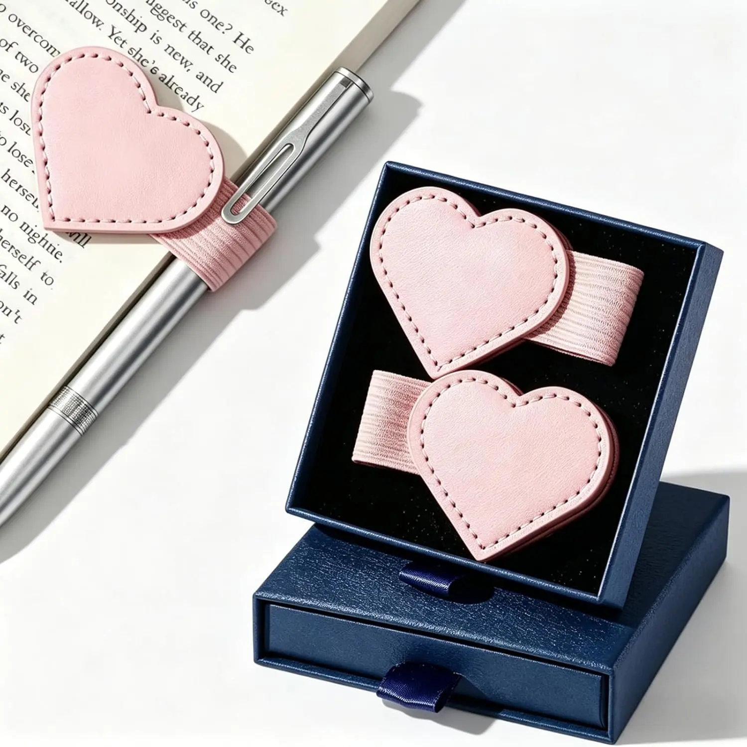 4 count  Leather Bookmarks with Pen Holder  Box | Heart-Shaped  Book Marks, Bookmark ,  Page Markers for Book Lovers, Teachers, Students, (+Blue)
