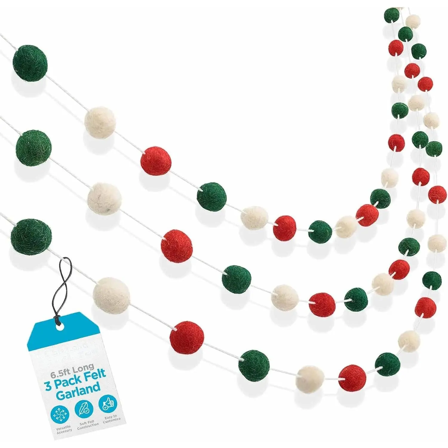 3-Pack Felt Garland | 6.5ft or 78in Long Christmas Decoration with 24 Pom Pom Balls in Red, White & Green. Ideal for Trees, Fireplace Mantels, Stairs, Walls &  Holiday Decor Ideas