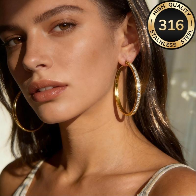 Round stainless steel diamond-encrusted earrings, a fashionable and light luxury accessory for women with large circular stud earrings