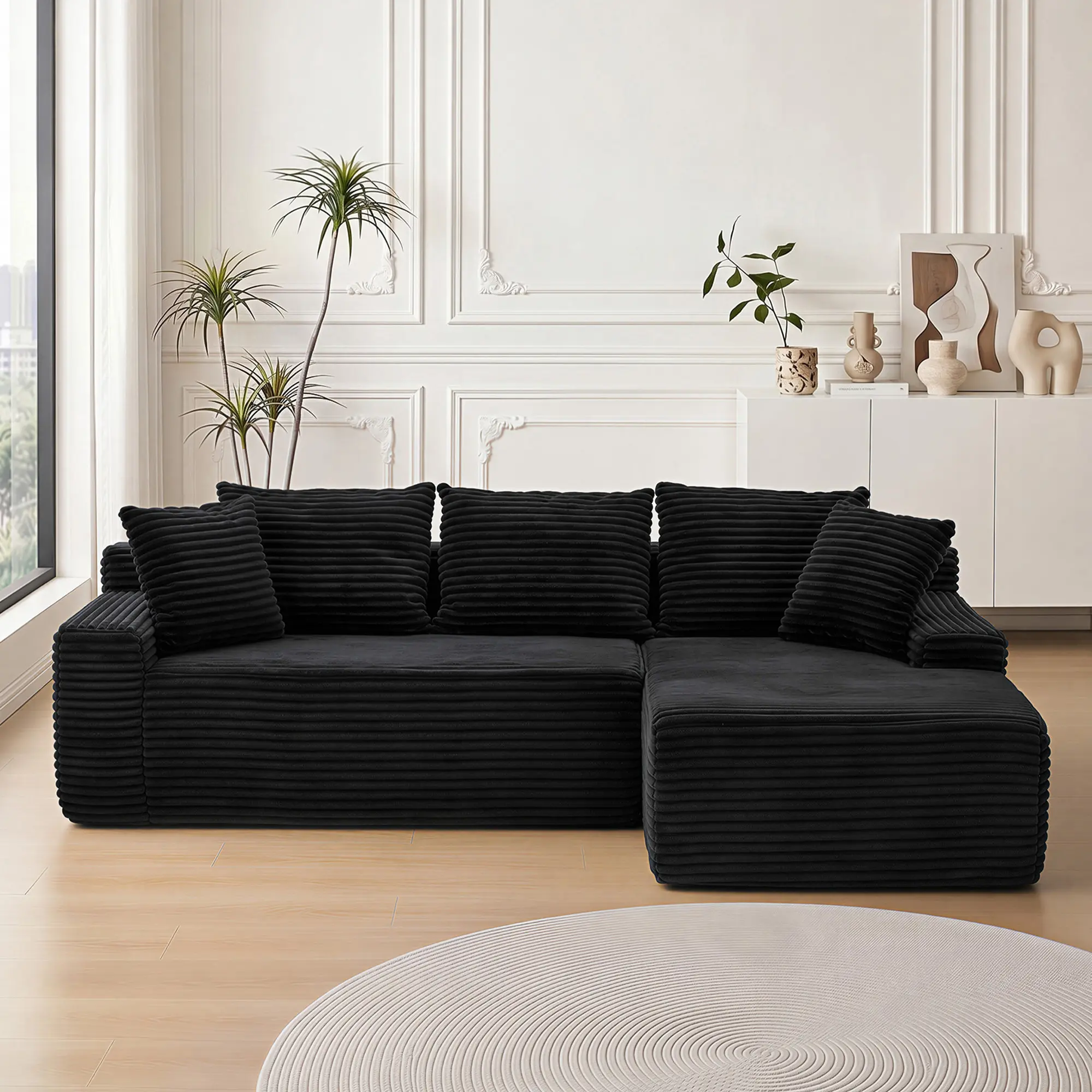 ARCH 95" L-Shape Sectional Sofa for Living Room, Modular Cloud Couch with Chaise, Upholstered Boneless Couch, 4-Seat Corduroy Sofa with Spring & Foam Cushions, Armless Pillow Back, Black, Medium-Soft Comfort, Side Pocket Storage, Black Color Options