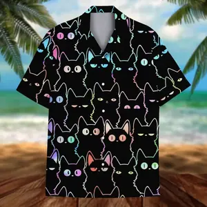 Holographic Neon Outline Black Cat Hawaiian Shirt, Black Base Short Sleeve Camp Collar Aloha Top, Unisex Cute Pet Lover Summer Beach Vacation Casual Shirt For Men Women # TikTokMadeMeBuyIt # NeonCatHawaiianShirt # PetAlohaTop # CatLoverBeachShirt