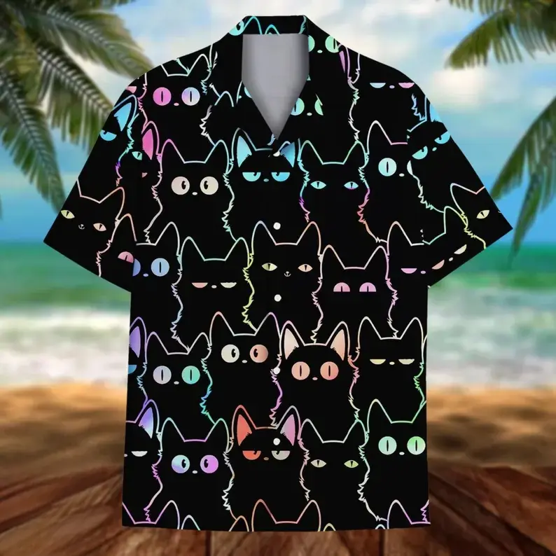 Holographic Neon Outline Black Cat Hawaiian Shirt, Black Base Short Sleeve Camp Collar Aloha Top, Unisex Cute Pet Lover Summer Beach Vacation Casual Shirt For Men Women # TikTokMadeMeBuyIt # NeonCatHawaiianShirt # PetAlohaTop # CatLoverBeachShirt