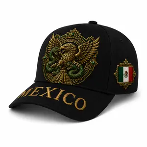 Mexico Baseball Cap Black Premium Aztec Eagle Serpent Gold Embroidery Mexican Flag Patch Curved Brim Hat, Streetwear Dad Hat for Men Women, Casual Outdoor Travel Fiesta Cinco de Mayo Party Sports Fan National Pride Gift Cap Luxury Style