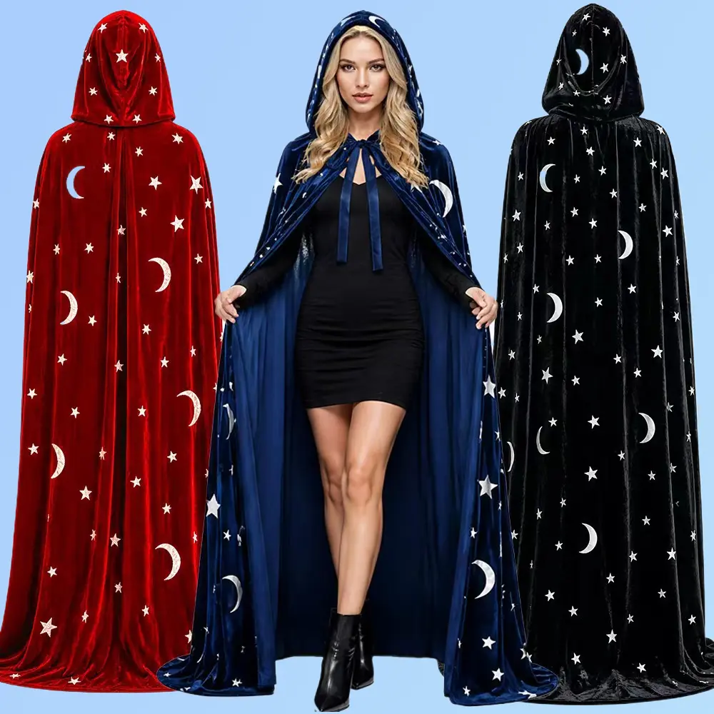 Velvet Cloak with Moon Star Pattern Grim Reaper Vampire Wizard Cape for Halloween Cosplay Party Dress Up
