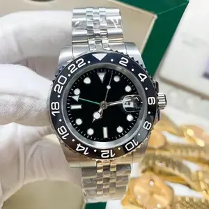 Men's Dual Time Zone Automatic Sports Watch, Black Ceramic Bezel Black Dial Jubilee Stainless Steel Bracelet Wristwatch with Date Window