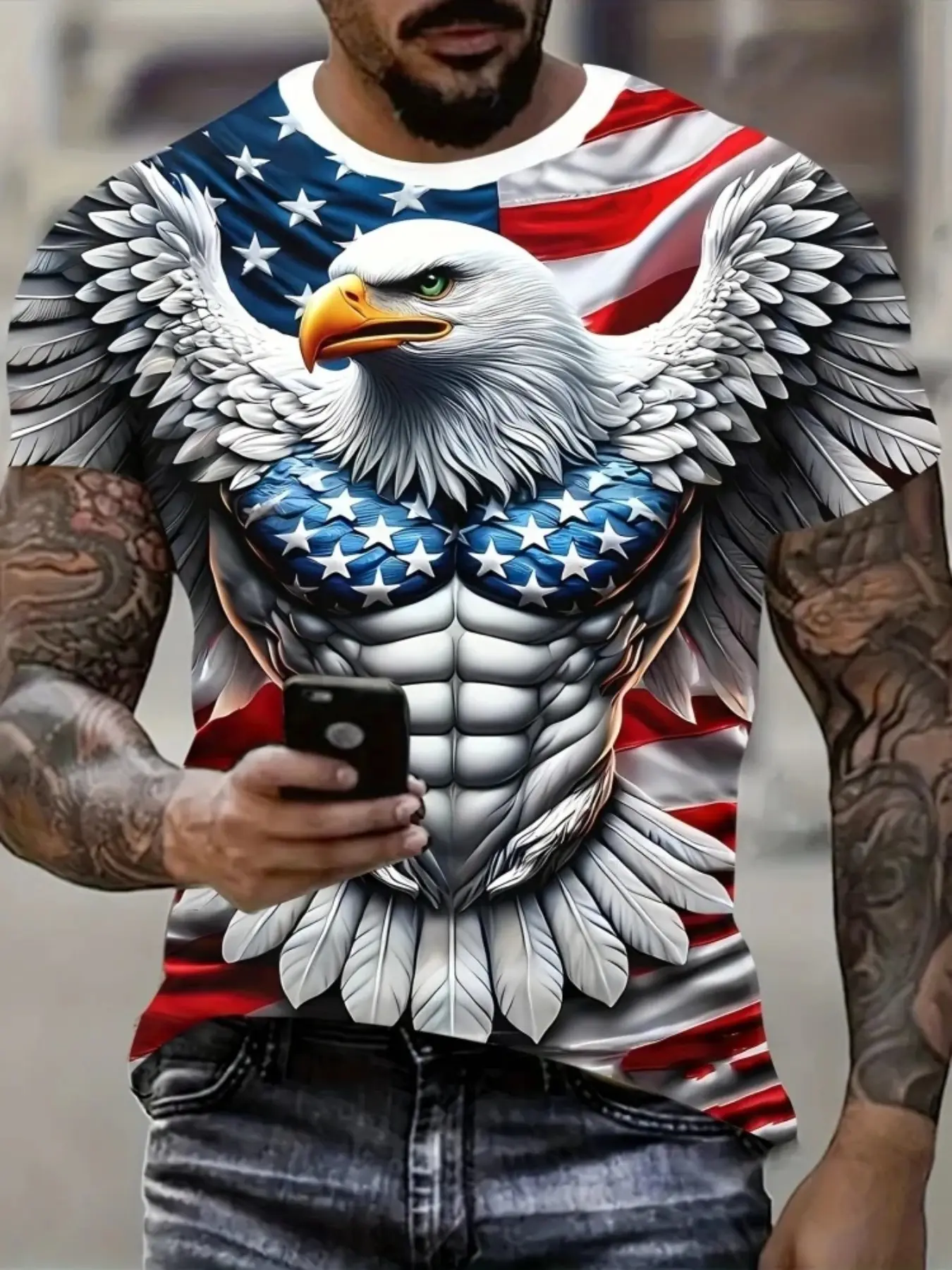 American Flag Bald Eagle 3D Print Short Sleeve T-Shirt, Quick-Dry Long Tee, Loose-Fit Casual Wear, Patriotic Fitness Top