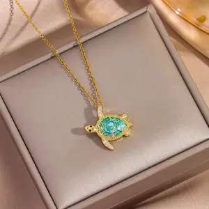 New 18K Gold Plated Cute Green Turtle Pendant For Women Female Daily Wear Neck Girl Elegant Rose Bear john pork evry jewels Gold-Plated Jesus Crucifix lewis hamilton juniors Large Pearl Saturn Water Drop Choker Miami Cuban Link cruel intentions rain conne