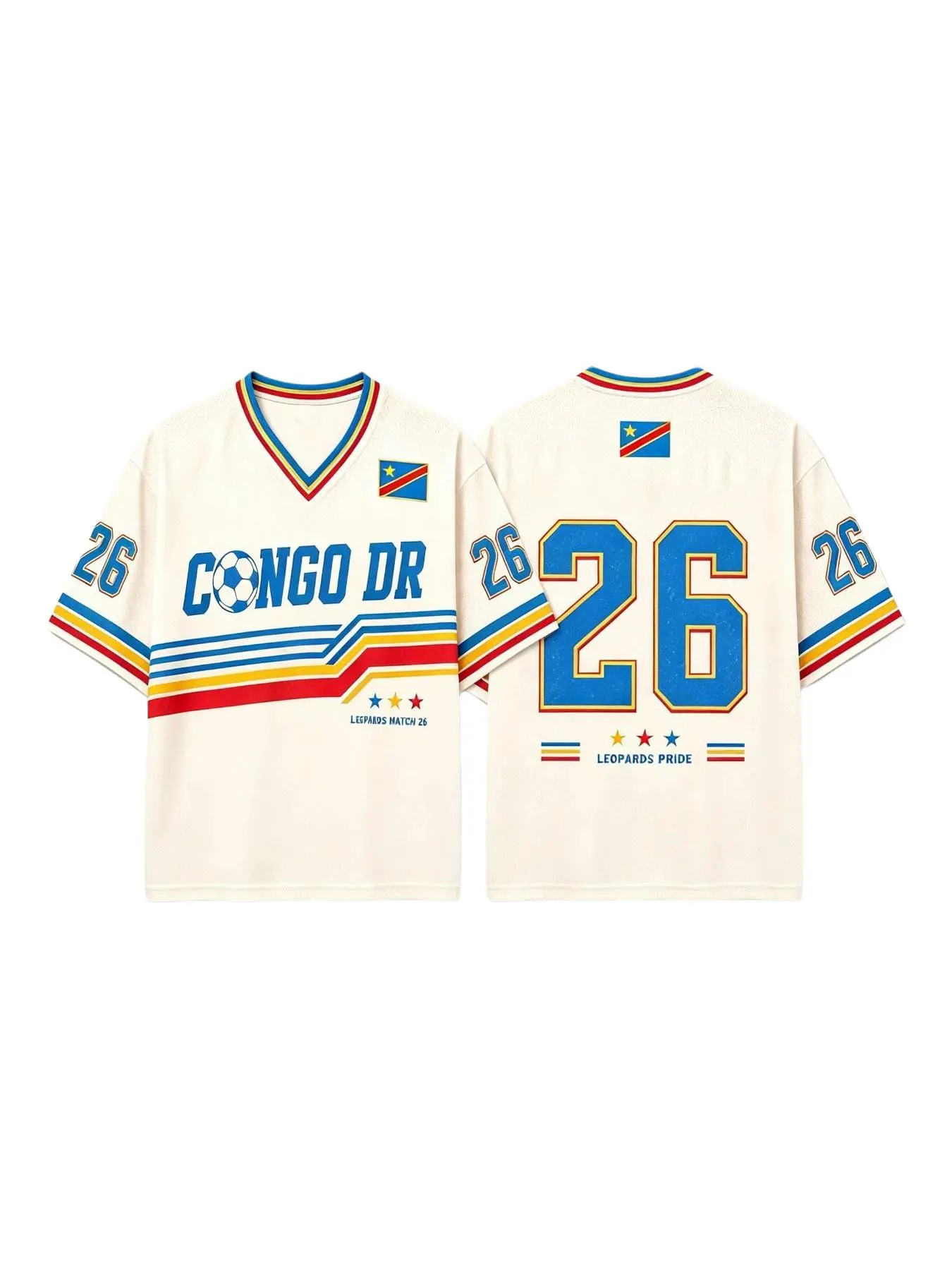 Democratic Republic of Congo 26 Vintage 3D Print Football Jersey, V Neck Sports Top, Unisex Retro Casual T-Shirt, Breathable Athletic Wear, Soccer Jersey, Athletic Active Tops