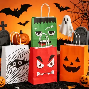12/24 PCS Halloween Gift Bags with Handle Party Favors Trick or Treat Game Kraft Paper Candy Goodie Bags Halloween Holiday Party Favors Supplies
