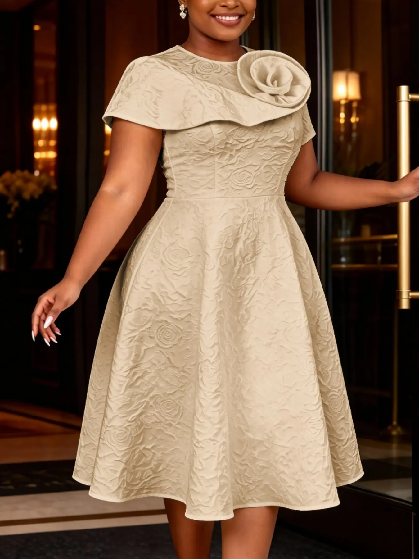 AOMEI Plus Size Elegant Women Jacquard A Line Midi Dress Round Neck Short Sleeve 3D Floral Wedding Guest Church Spring Summer Outfits