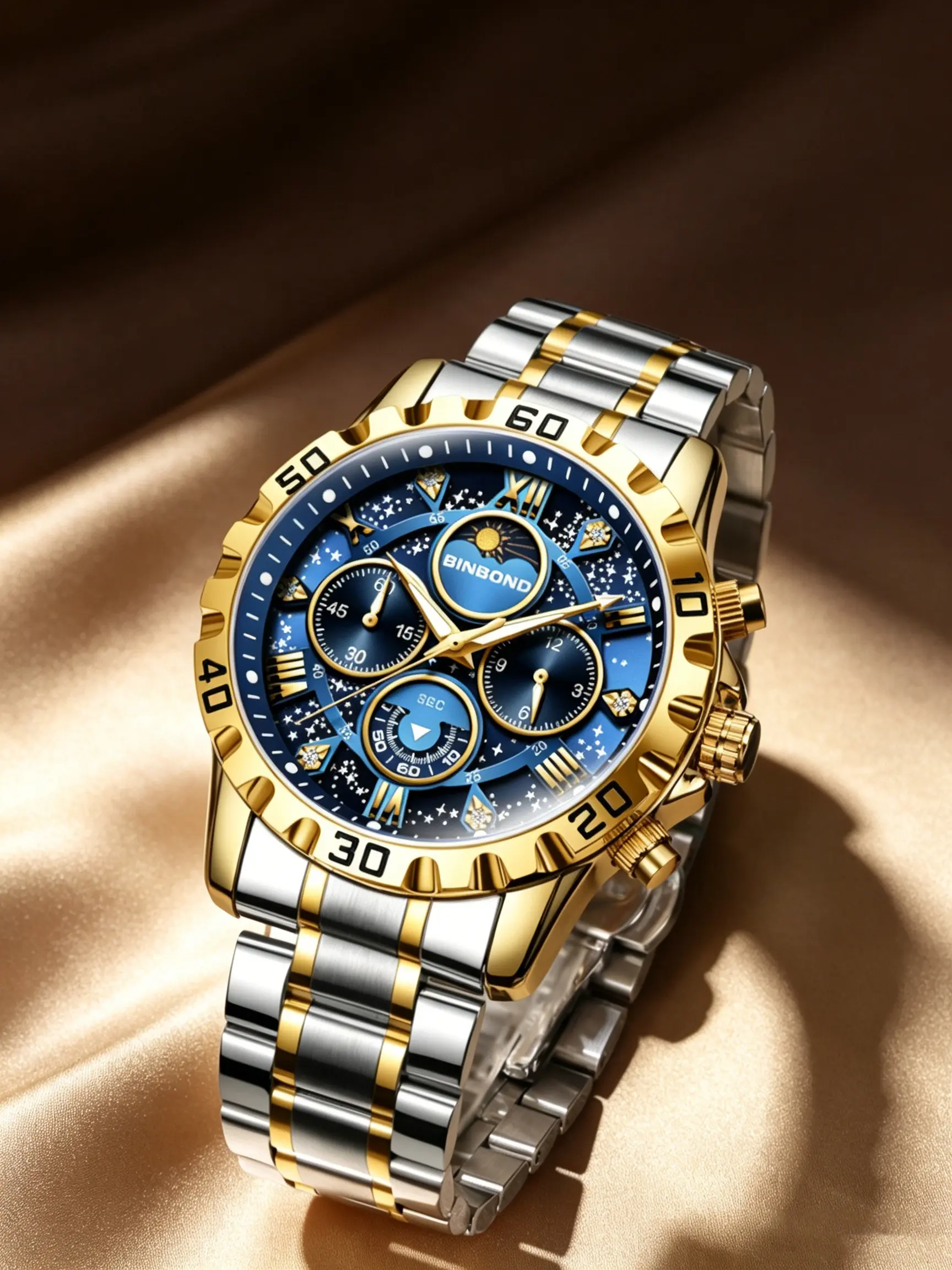 Mens Big Bezel Two Tone Chronograph Watch Trendy Multifunctional Watch Textured Gold Silver Case Starry Blue Moon Phase Dial Diamond Roman Markers Multi Sub Dials Solid Steel Bracelet 30M Waterproof Business Sports Wristwatch Gift For Men