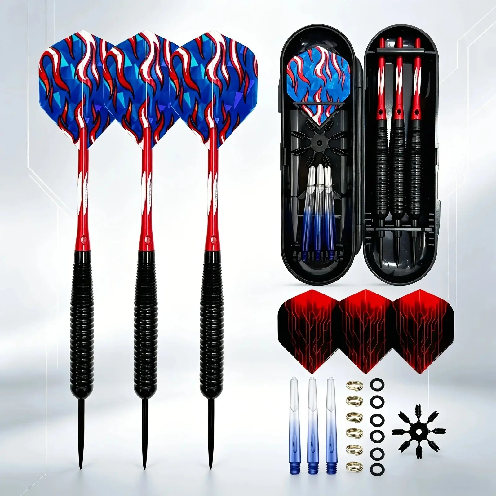 22g Iron Steel Sharp Dart Set, Roll Flower Barrel, Aluminum Alloy Shaft, Holographic Pet Flyer, Includes Accessories and Box