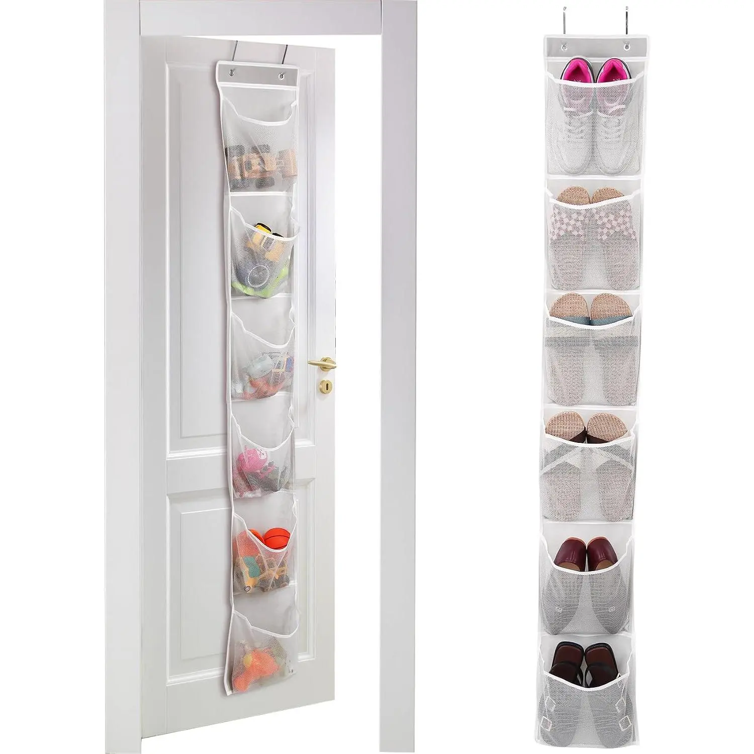 Gray Over The Door Shoe Organizer with 6 Large Breathable Mesh Pockets - Lightweight Metal Hanger for Closet Boots Storage, Daily Organization & Accessories