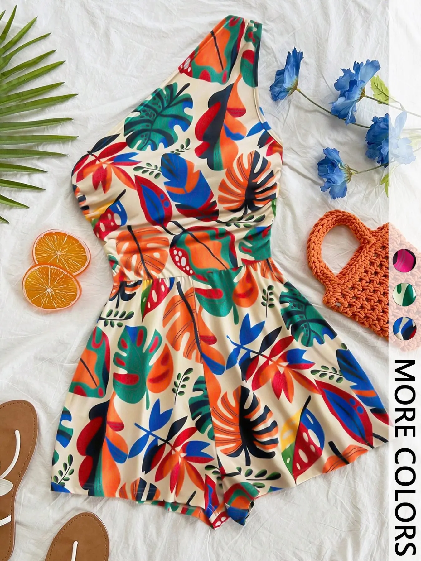 Women's Multicolor Tropical Print One-Shoulder Short Romper, Elastic Waist, Stylish Summer Beach Casual Wear