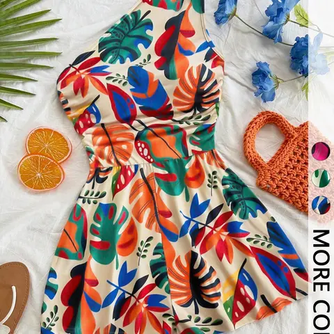 Women's Multicolor Tropical Print Bohemian One-Shoulder Romper, Elastic Waist, Stylish Summer Beach Casual Wear