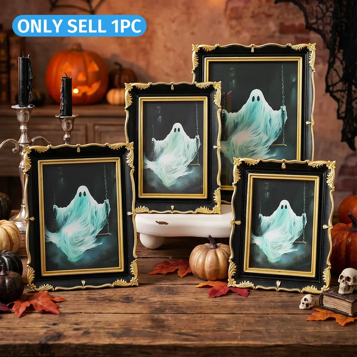 Halloween Decor Frame, Rococo Style Embossed Floral Border, Gold Trim, Wall or Table Stand, Versatile Photo Frame for Halloween Setup