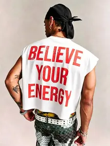 Men's Cropped Sleeveless Tank Top, "Believe Your Energy" Distressed Red Print Streetwear Muscle Vest