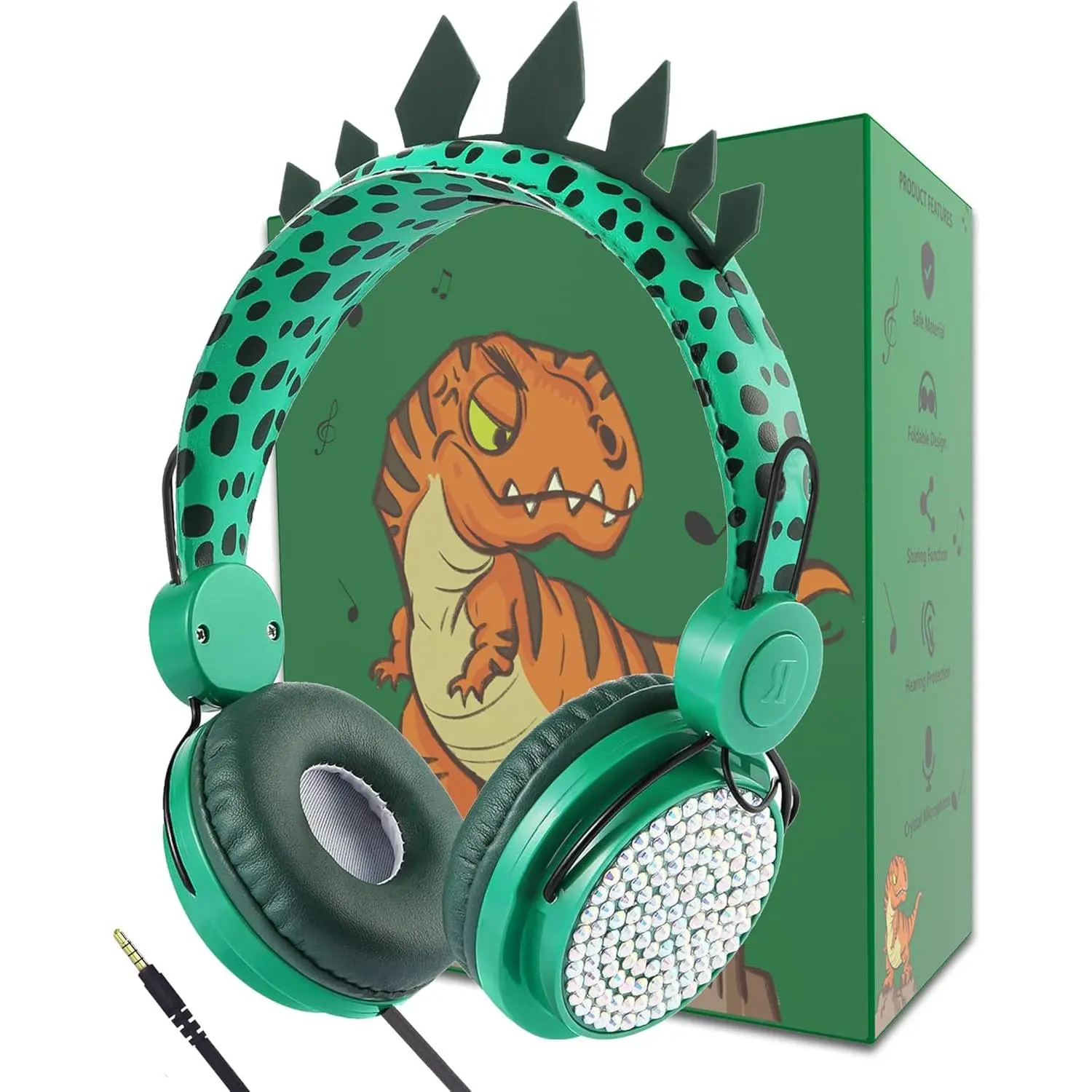 Dinosaurs Themed Wired Headphones for Boys & Girls - Plug-in Mic, Button Controls, Electronic Over-Ear Earpads, Durable Nylon Stereo Headset for Study & Tablet (Green)