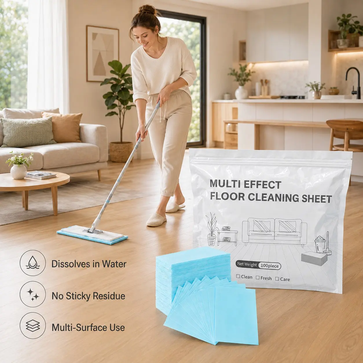 Multi-Function Solid Cleaning Sheets, Multi-Surface Floor Cleaner for Hardwood Floors, Laminate, Tile, Vinyl & RV Walls, No Sticky Residue Floor Care Sheets, Household Cleaner