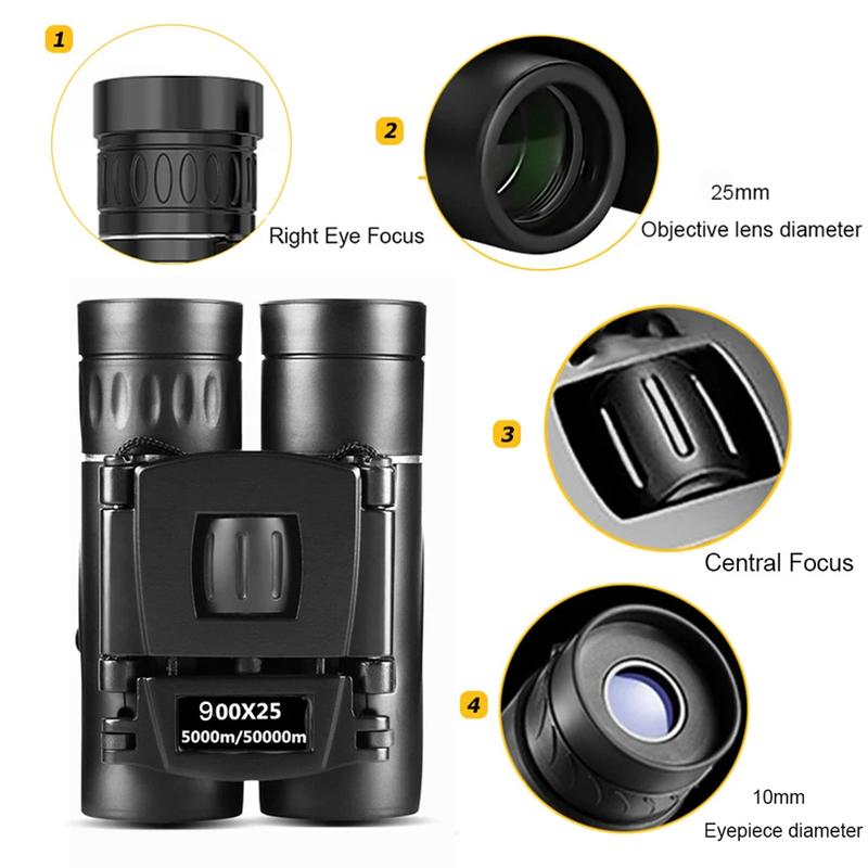 900x25 HD Zoom Binoculars, Powerful Long-Range BAK4 Telescope for Hunting and Camping, Low Light Folding Design