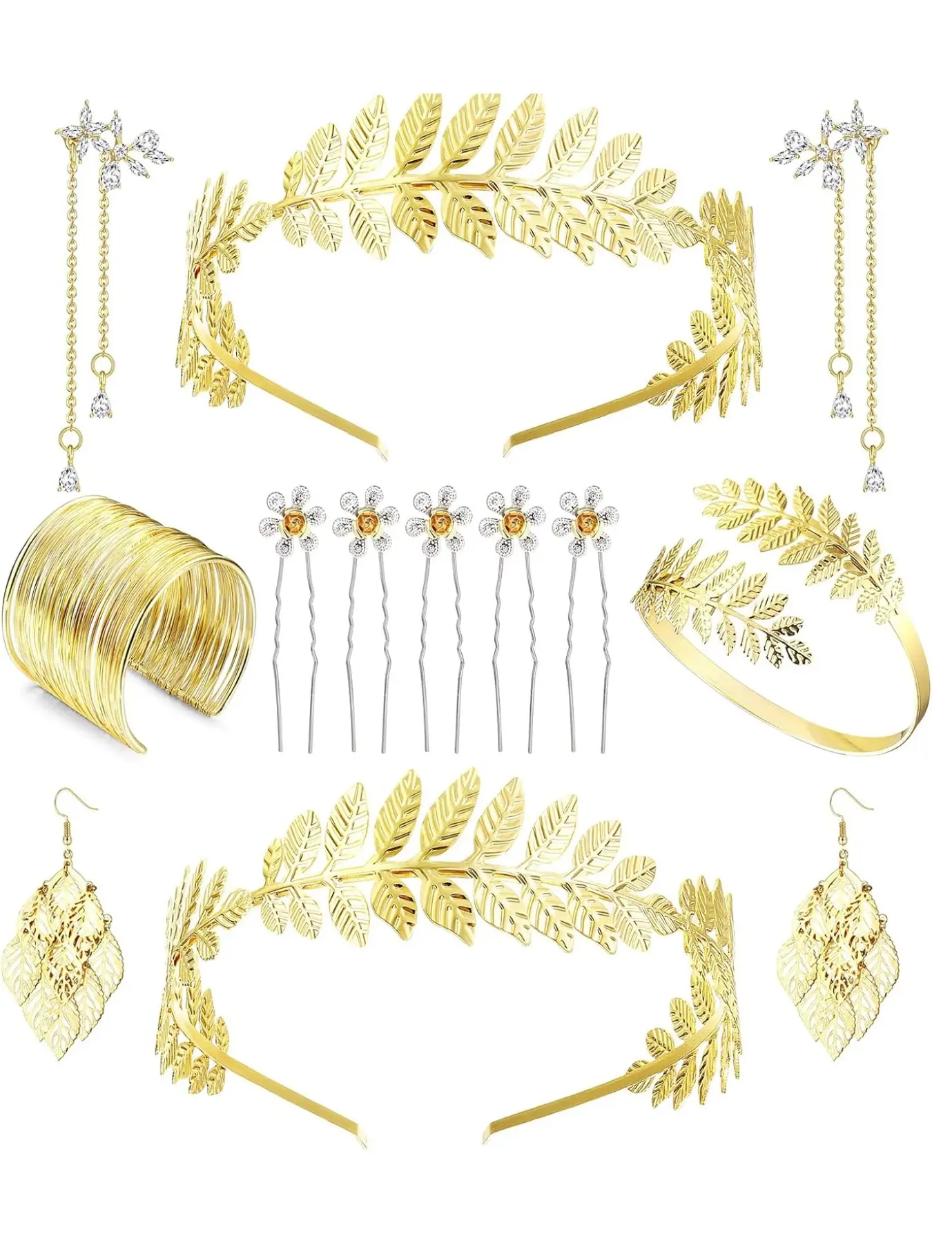 Goddess Costume Accessories Set for Women Leaf Headband Armband Bracelet Golden Laurel Leaves Crown Artificial Dangle Earrings Bridal Wedding Headpiece Party Toga Jewelry