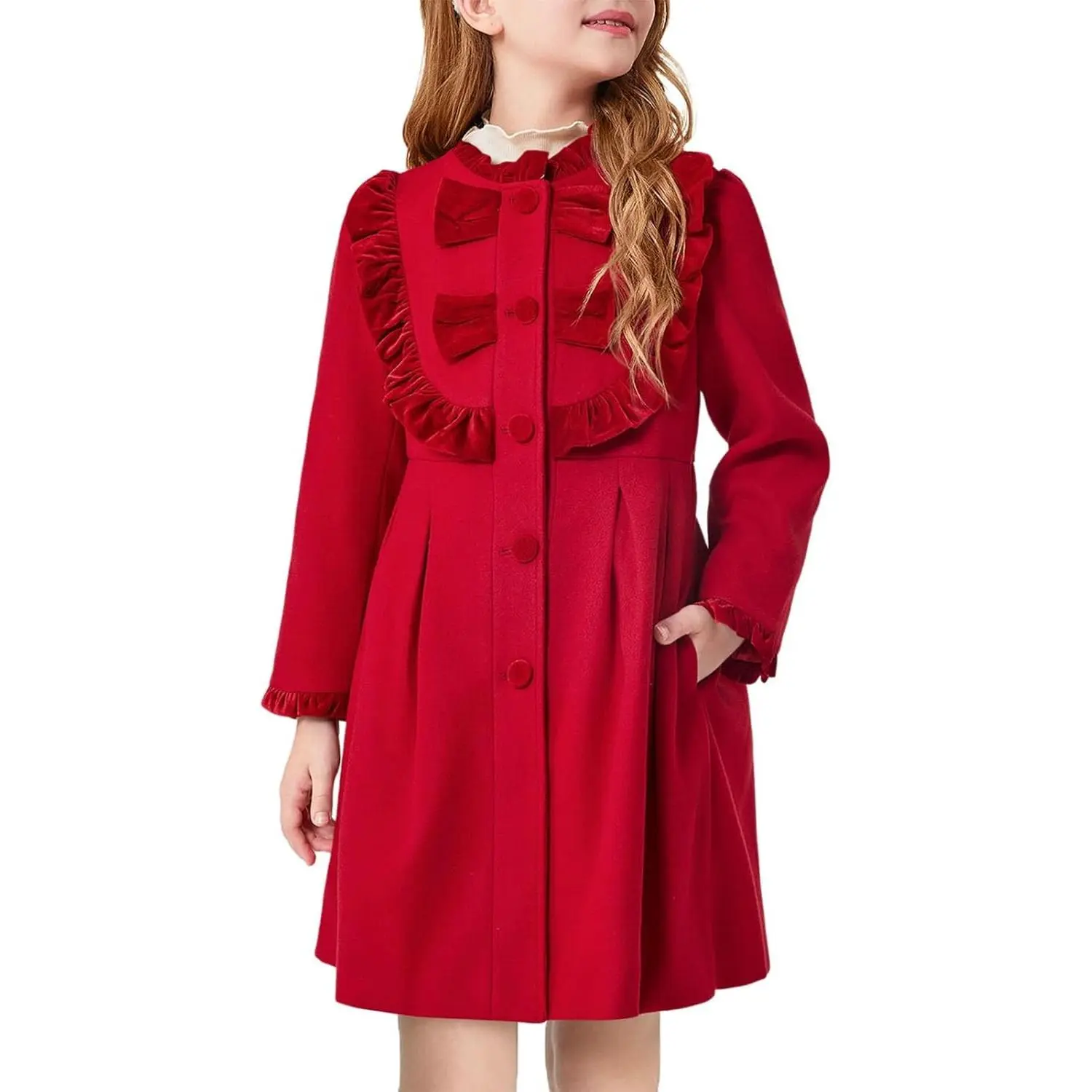 Girls Dress Coat Kids Ruffle Button Down Cute Bow Long Winter Jackets with Pockets 3-12 Years