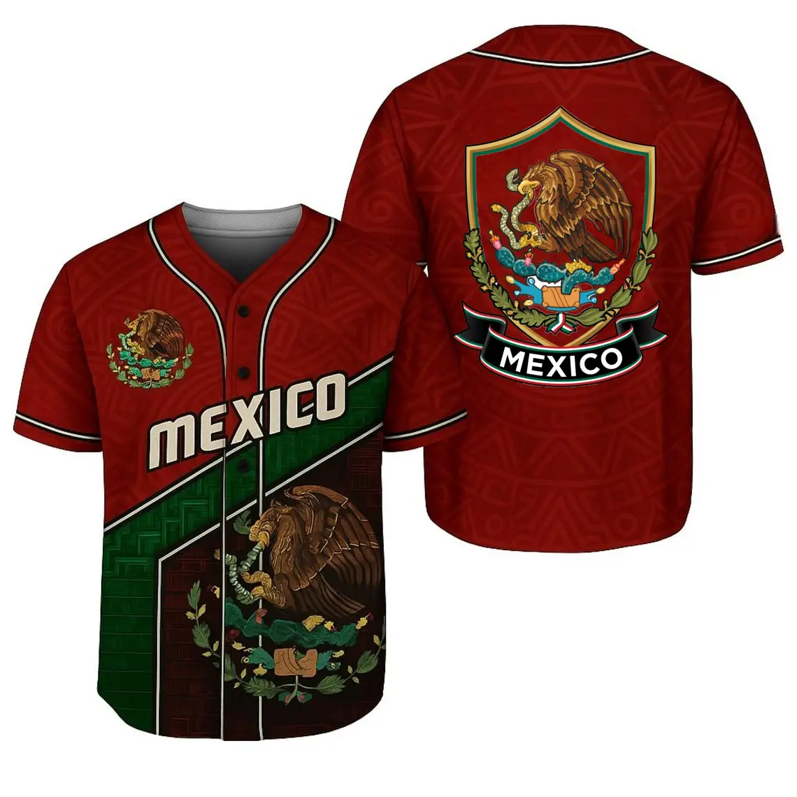 Red Mexican baseball shirt - 3D Mexican pattern T-shirt - Features golden eagle and national flag on it - A must-have gift for baseball enthusiasts