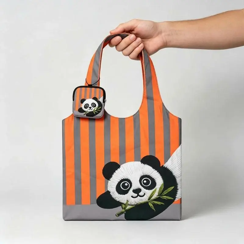 Bear Penguin Panda Elephant Print Canvas Handbag Stripe Shoulder Bag Large Capacity Lightweight Canvas Tote Casual Shopper Bag