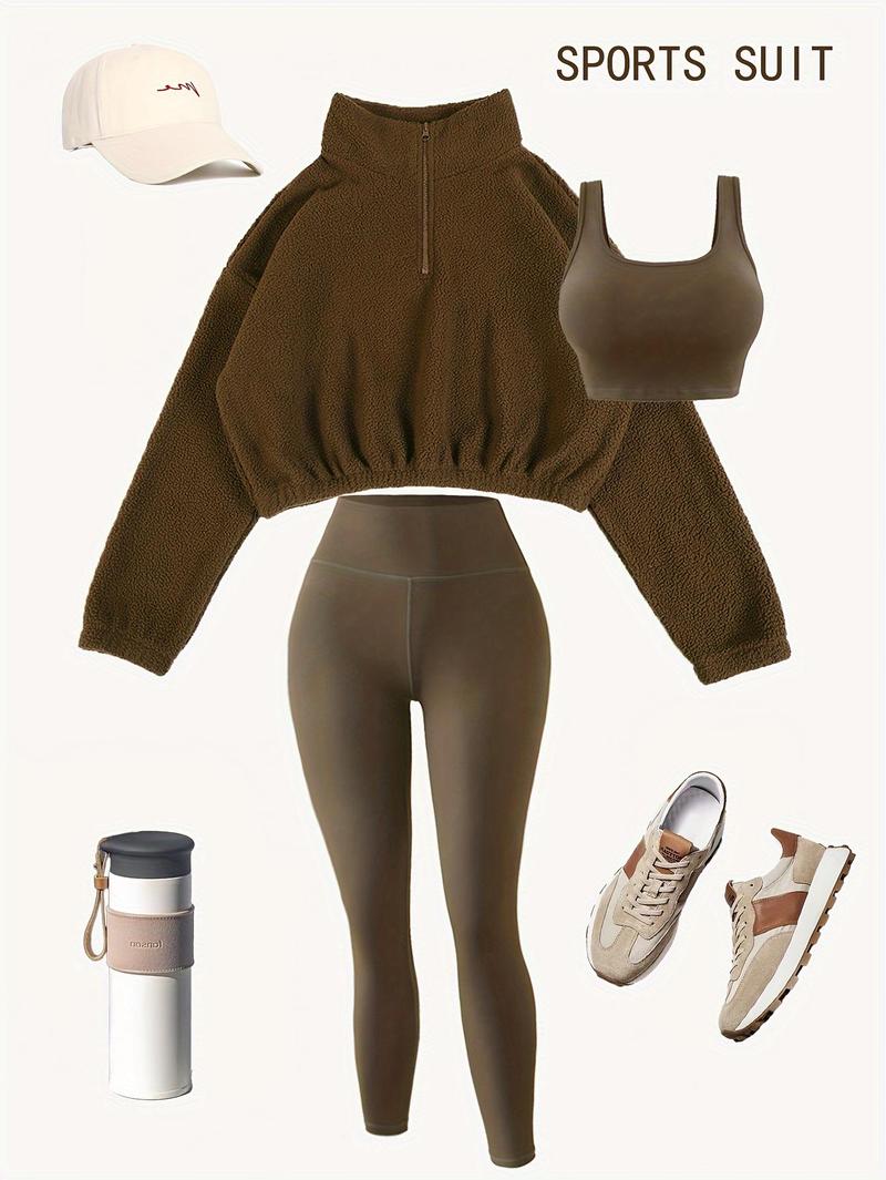 Amoyer 3-Piece Tracksuit Set for Women, fleece-lined zip jacket + top + high-waist pants, cozy winter activewear for gym, running, travel