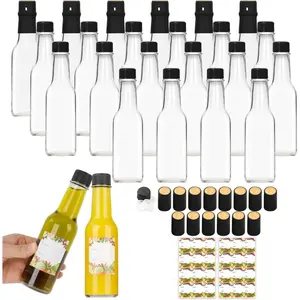 24 Pack Hot Sauce Bottles 5oz, Empty Clear Glass Woozy Bottles with Leak-Proof Black Screw Caps, Dripper Inserts & Shrink Capsules - for Homemade Sauces, Oils & DIY Crafts