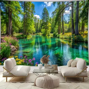 Peaceful Lake Forest Backdrop Nature Landscape Backdrop Scenic Water Background Cloth Forest Tapestry Wall Hanging Photography Background Polyester Fiber Living Room Bedroom Party Event Studio Decor Prop Wall Art