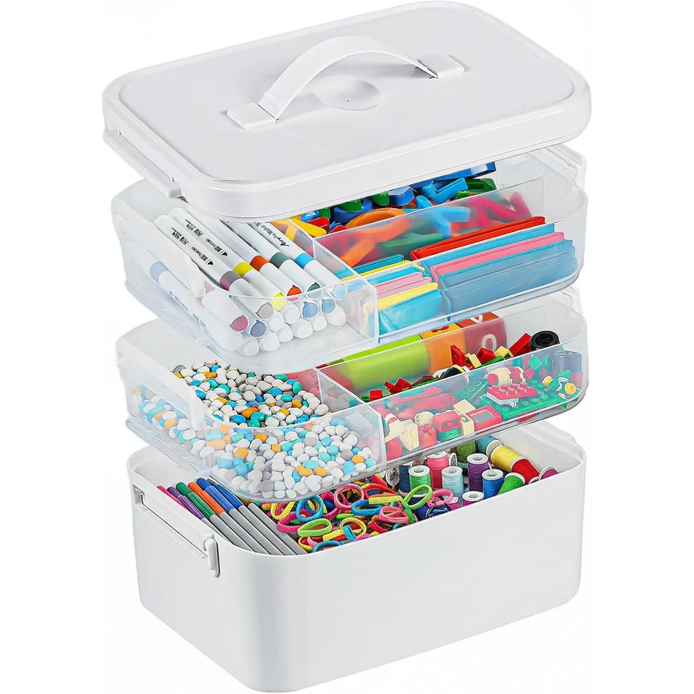 3-Tier Plastic Craft Storage Box with Lid & Carrying Handle, Detachable Divided Tray Art Supplies Organizer, Stackable Portable Multipurpose Container, Desktop Storage Case for Beads, Decorations, Nail Polish & Small Craft Accessories