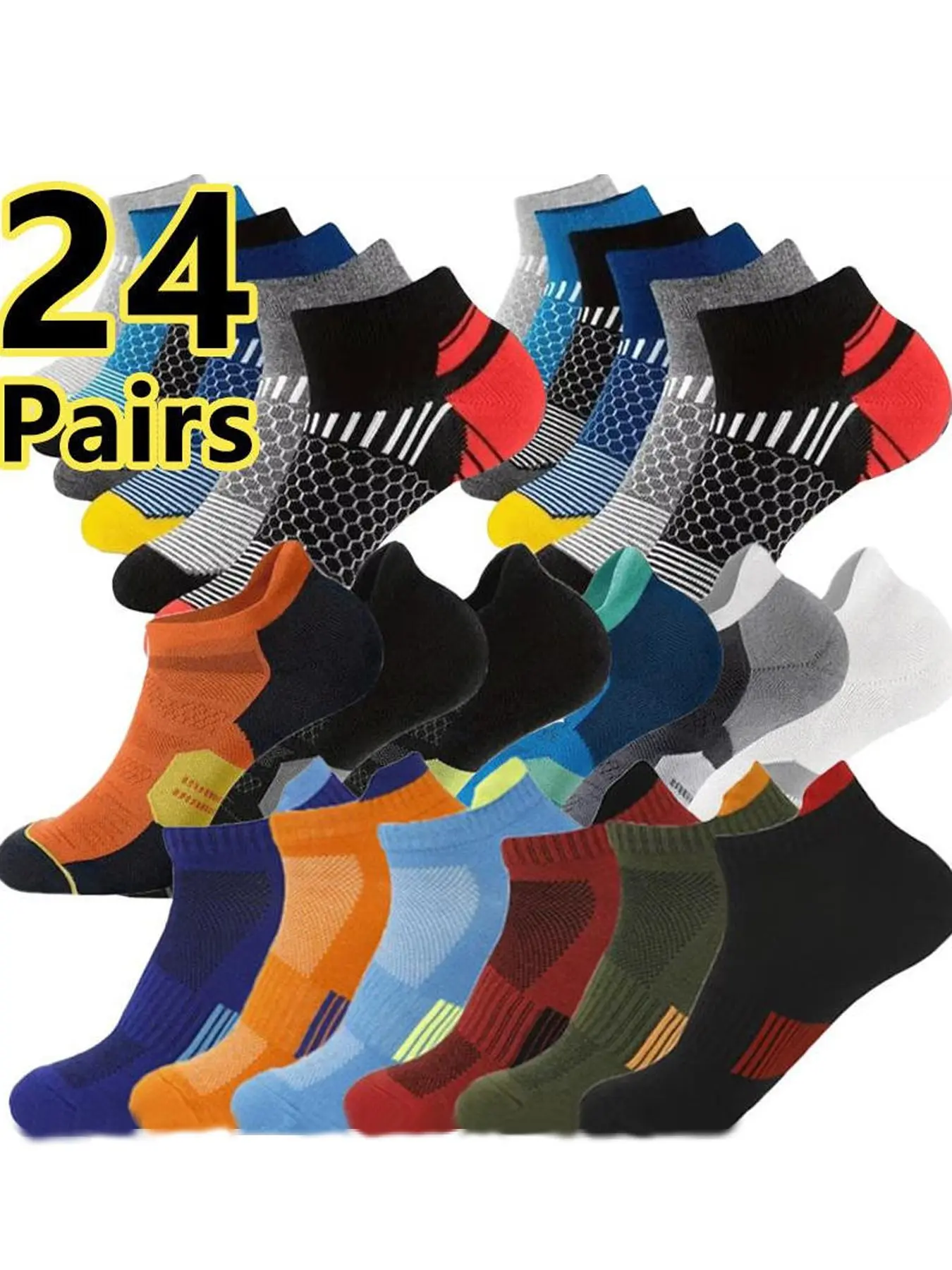 24 Pairs Men's Sports Workout Socks, Breathable and Sweat-Wicking, Casual Low-Cut Ankle Socks for Daily Wear, Summer Basketball Socks