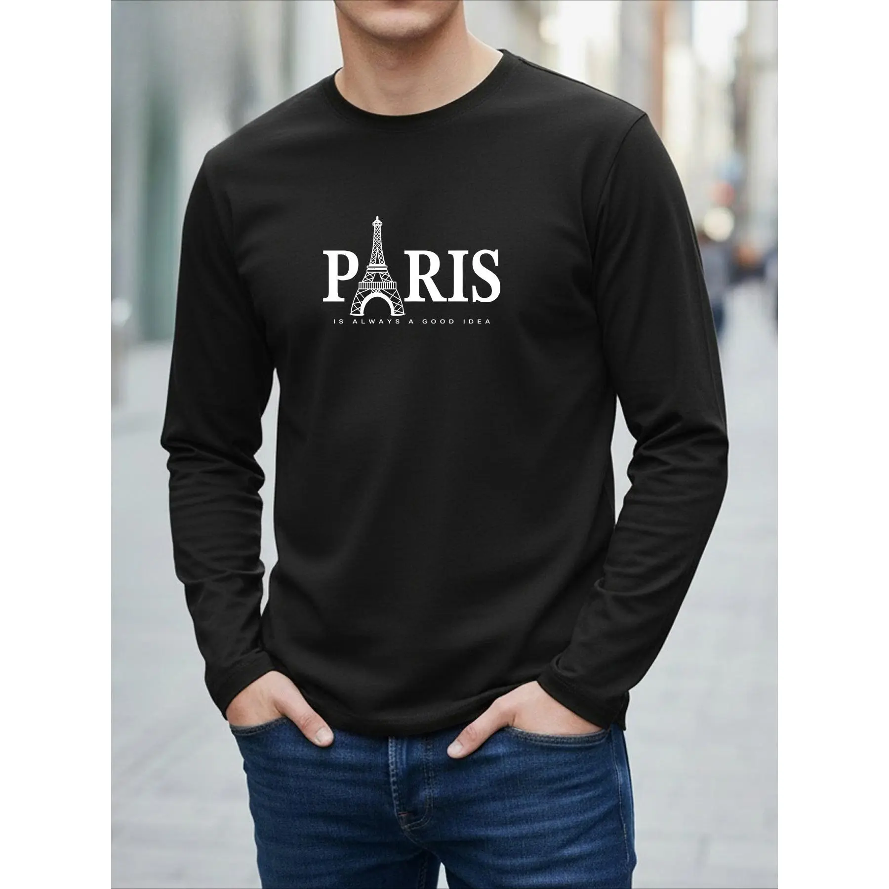 Men's 100% Cotton Paris Eiffel Tower T-Shirt - Long Sleeve Round Neck Base Layer Suitable for Casual Outfits, Travel & Casual Attire, Machine Washable Spring/Fall Wardrobe Essential (Paris-Themed)