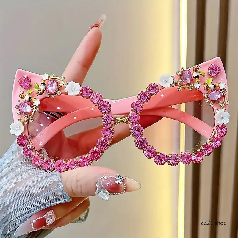 Handmade Rhinestone Oversized Sunglasses for Women - Bling Square Frame with Crystal Gems, Y2K Retro Cute Style, UV Protection, Perfect for Stage, Photoshoot & Streetwear