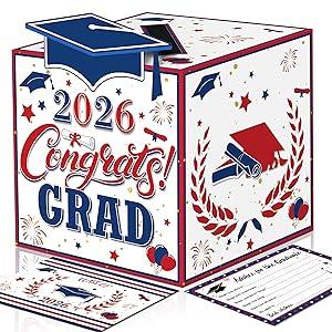 Graduation Decorations Red Blue White 2026 - Giant Guest Book Alternative,Graduation Cards Box with 36PCS Graduation Advice Cards,Signature Board Congrats Grad Decorations Supplies 2026