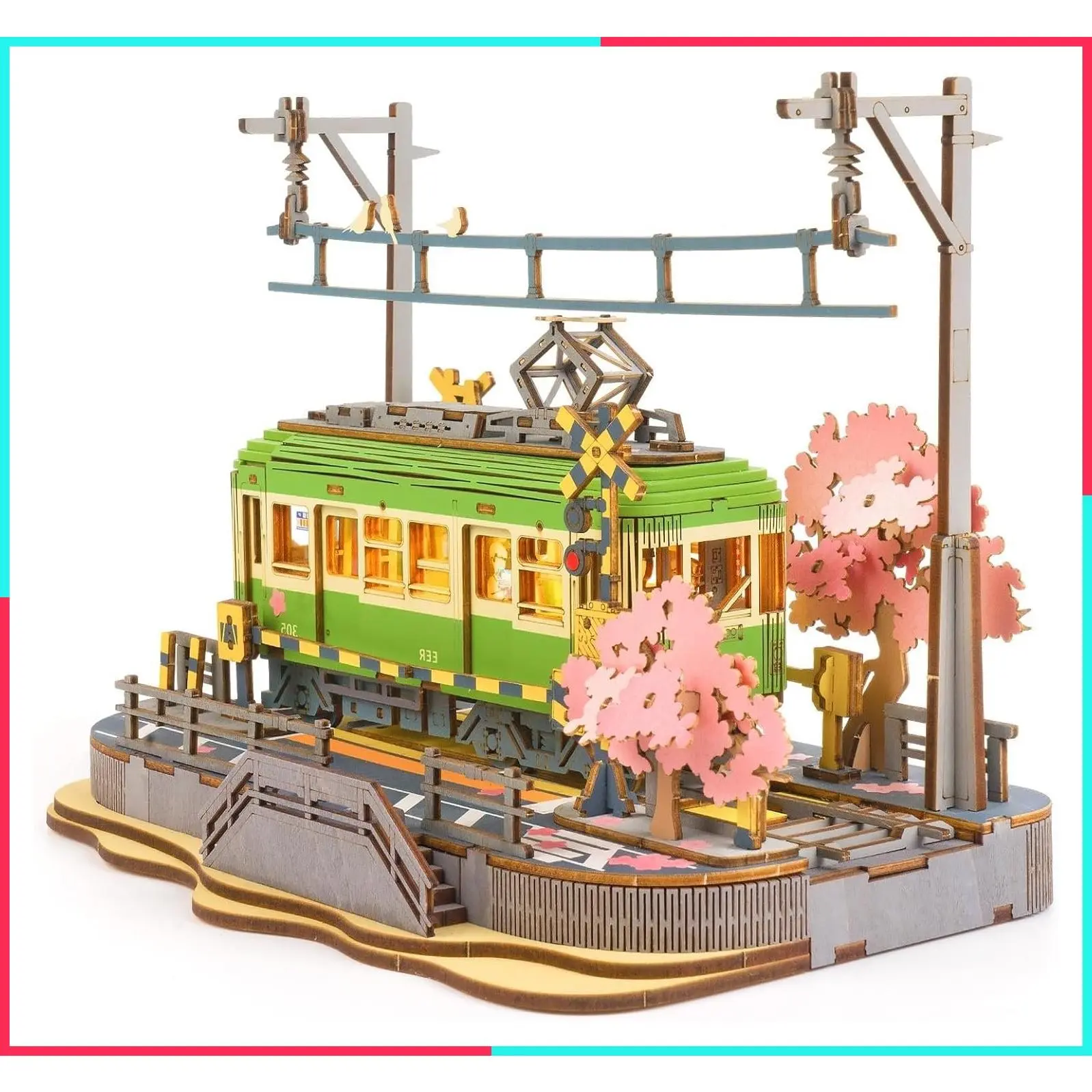 3D Wooden Puzzle for Adults, Sakura Journey Tram DIY Model Building Kit with LED Lights, Creative Craft Hobby Gift and Brain Teaser Home Decor Assembly Toy