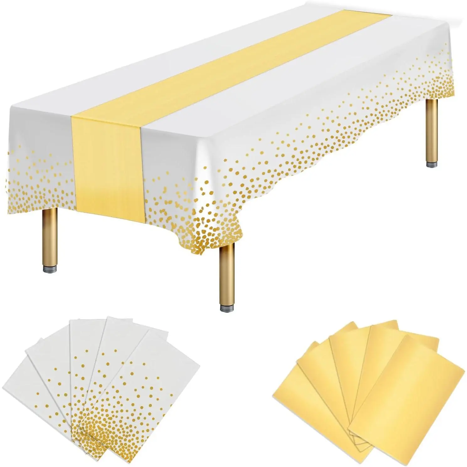 10 Packs Plastic Table Cloth Disposable and Satin Table Runner, White Disposable Tablecloth Rectangular and  Table Runner for Birthday  Shower Wedding Anniversary  Year Party Decorations