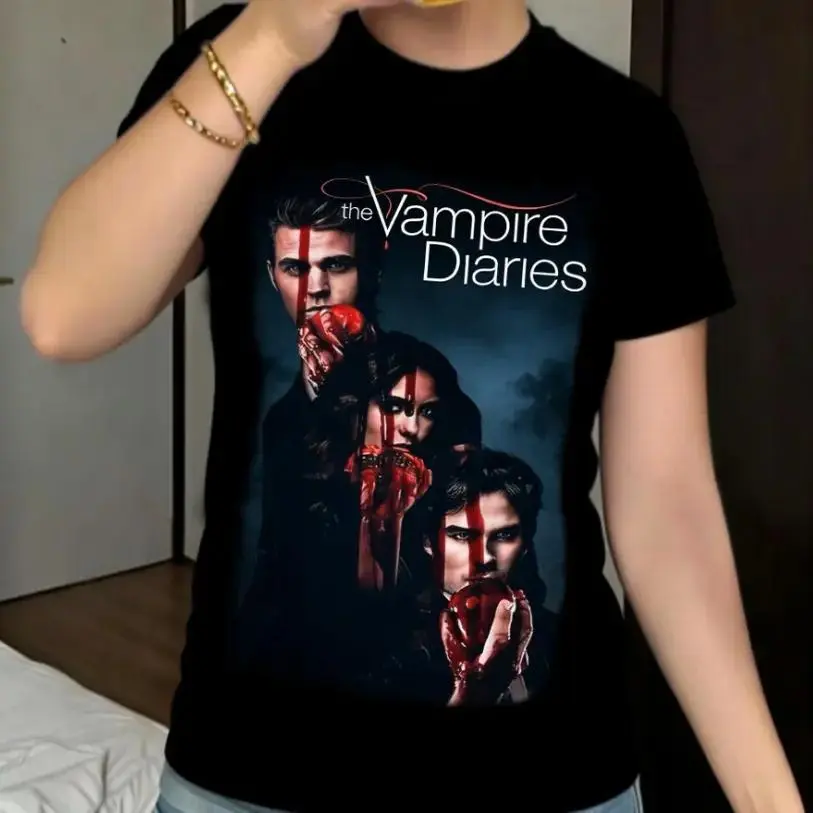Unisex Dry Fit T-Shirt The Vampire Diaries HD Print Vampire Blood Damon Stefan Elena Short Sleeve Machine Washable Collectible T-Shirt American Series Fans Urban Casual Fashion