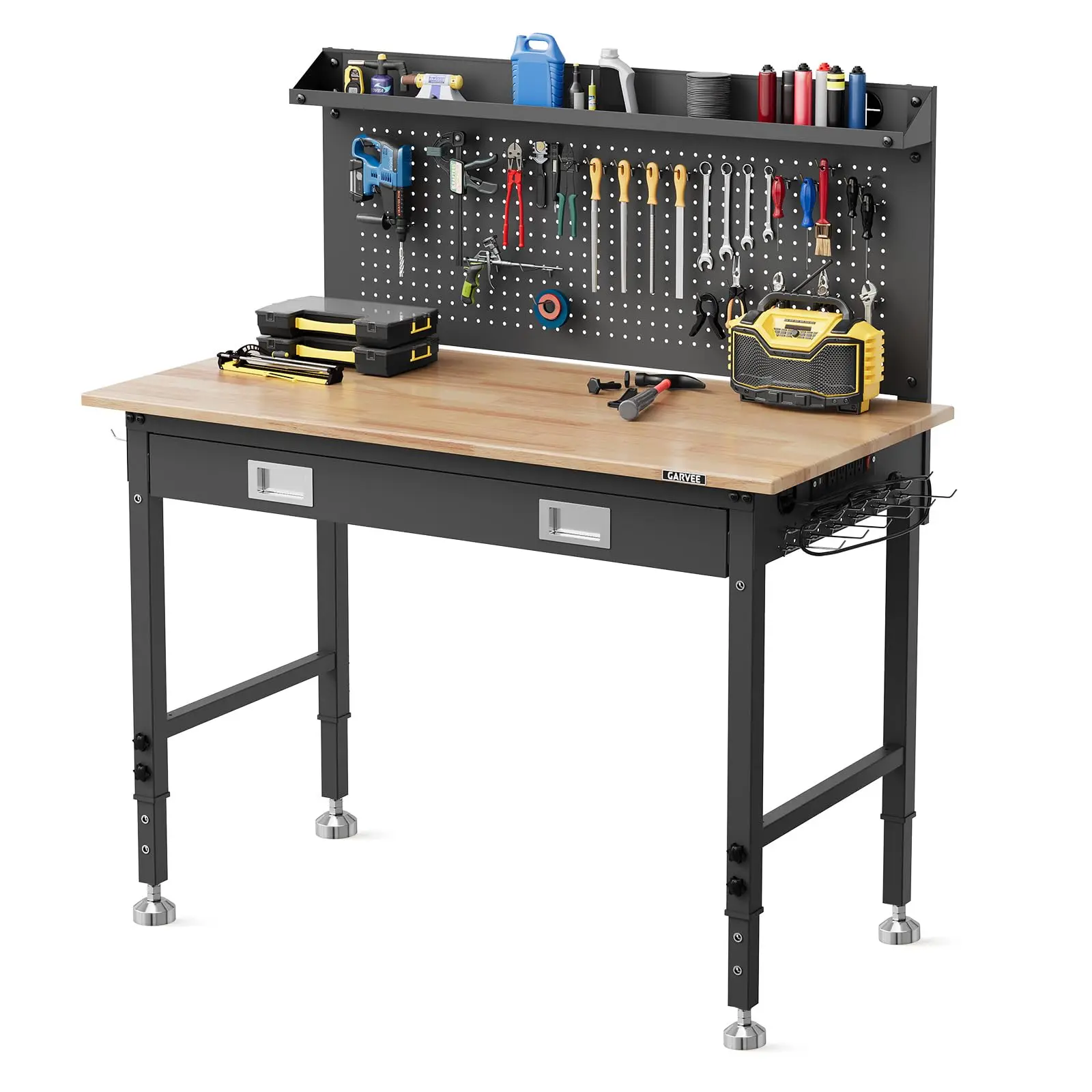 48 x 24 Inch Workbench with Drawer, Back Panel & LED Light Strip, 6-Level Adjustable Height, 2000 lb Capacity, Rubberwood Top, ETL Outlets, Swivel Casters, Pegboard & Hooks for Garage