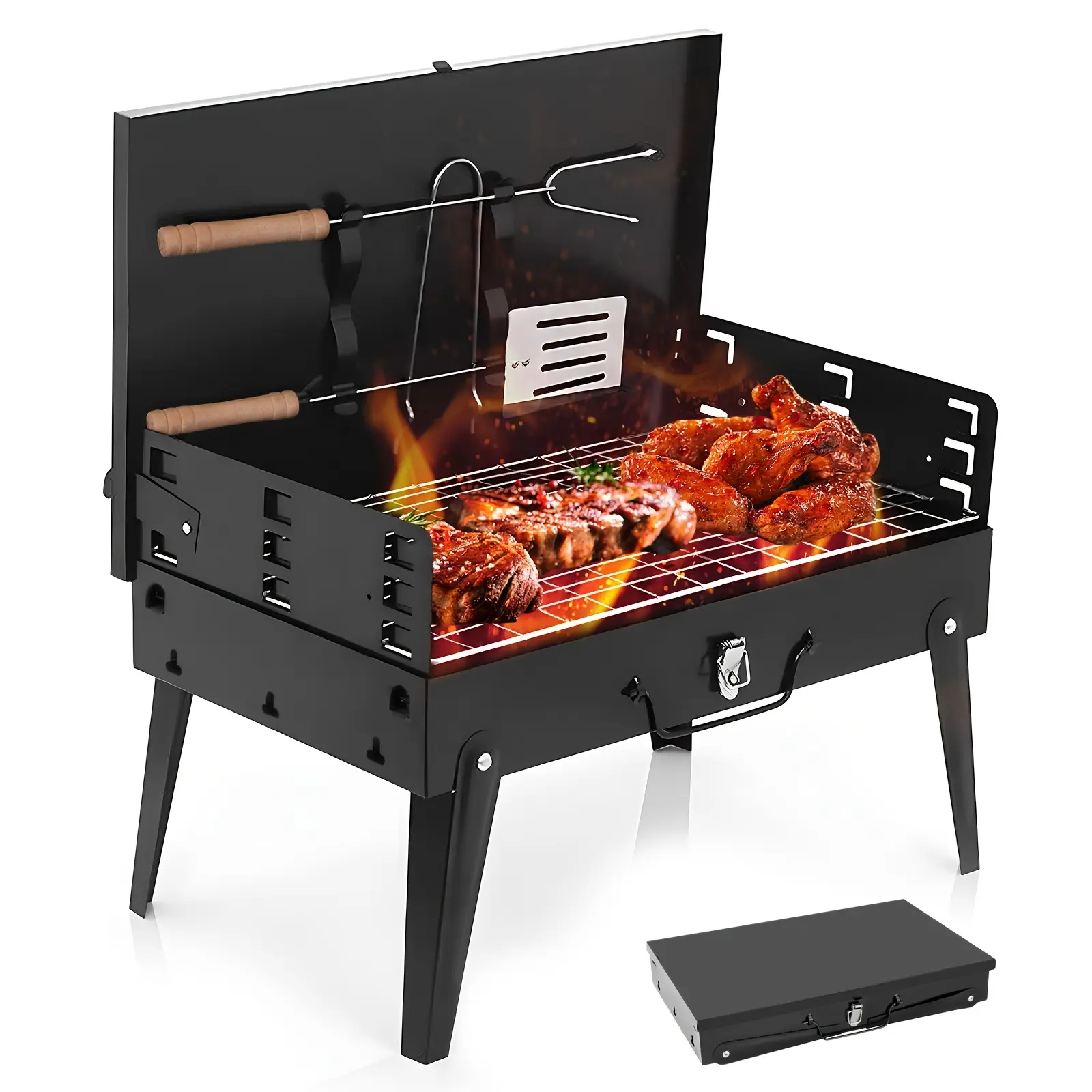 Backyard Buddy Portable Charcoal Grill, Compact Folding with Hood, for Outdoor Picnics and Backyard Cooking, Accessories Included