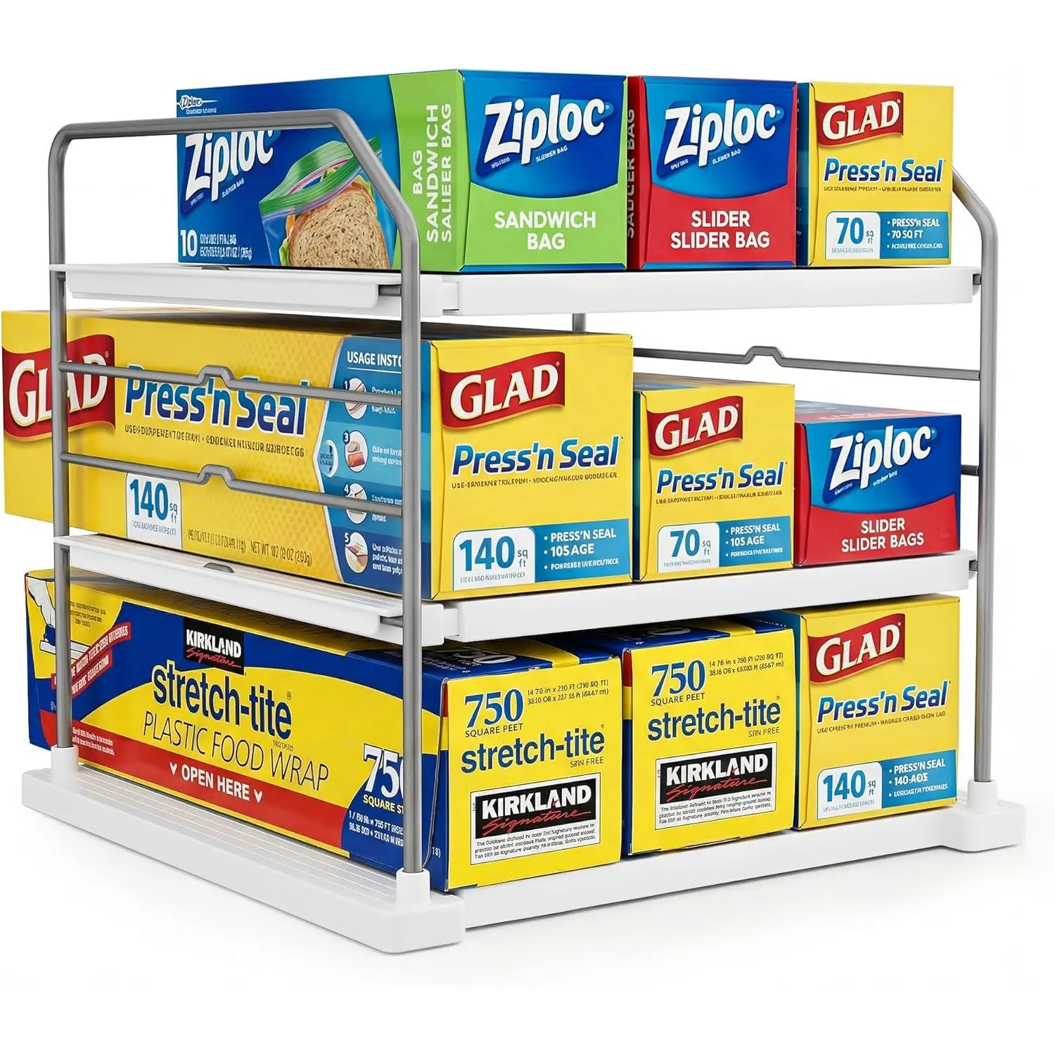 Extendable 3-Tier Kitchen Cabinet & Pantry Organizer for Plastic Wrap, Foil & Storage Bags, Adjustable Heavy Duty Shelf Rack for Wrap Boxes, Jars & Snack Boxes (11–16.7 in Wide), Pack of 1