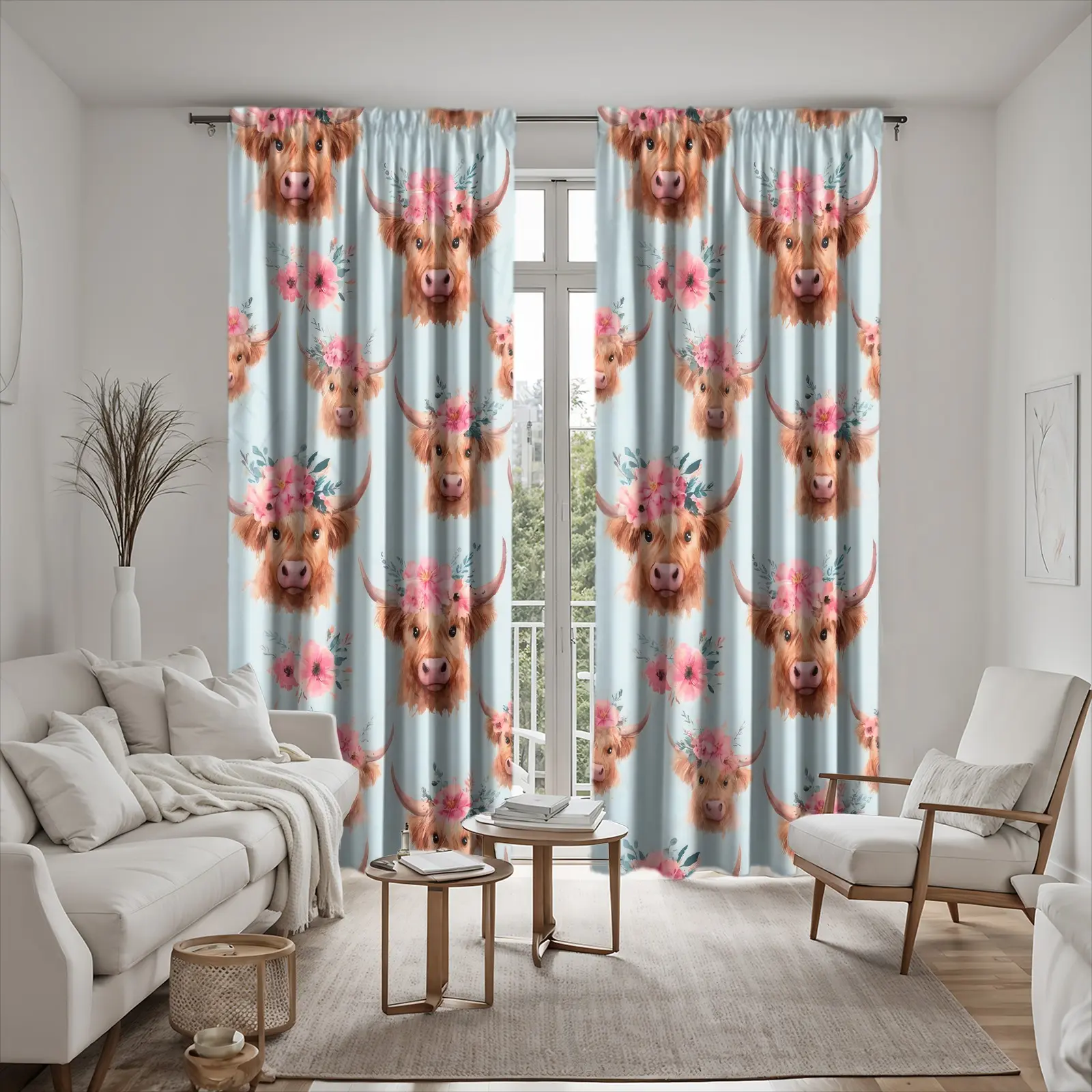 Floral Highland Cow Faux Fur Curtains, Two-Piece Set, Light Blue Base with Floral Print, Semi-Transparent Fabric, Easy Installation