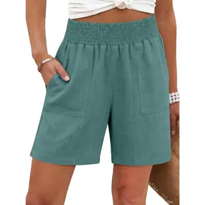 Linen Shorts for Women Casual Summer High Waisted Wide Leg Lounge Beach Vacation Shorts with Pockets(Gift)