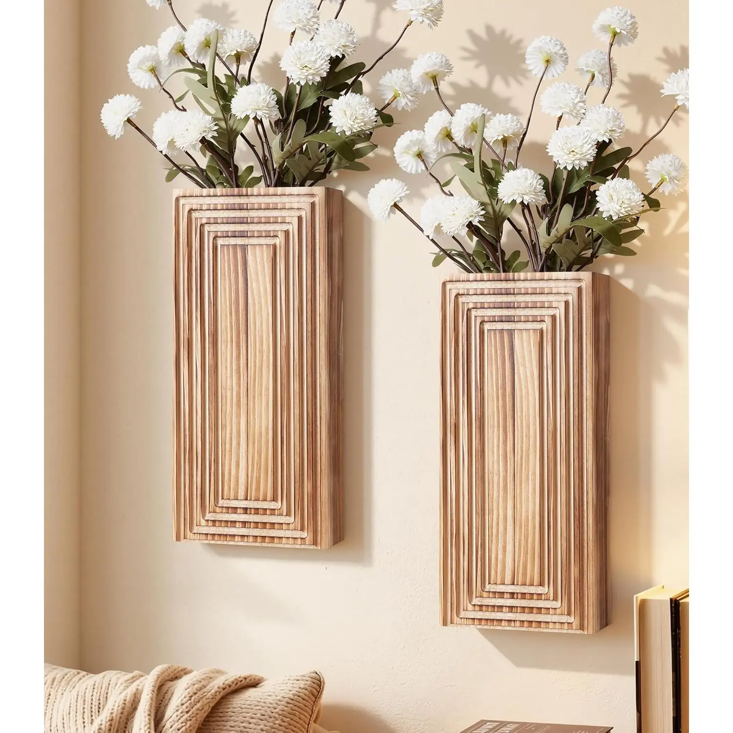 Handmade Wooden Wall Planter Set of 2, Boho Hanging Flower Pots for Indoor Plants, Rustic Wall Mounted Plant Shelf, Farmhouse Home Decor for Living Room Bedroom