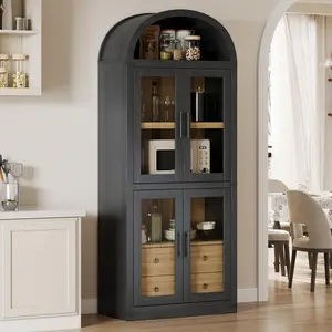 GARVEEArched Pantry Cabinet with Doors, 71.4in Tall Wood Bookcase featuring 2 Drawers, Farmhouse Kitchen Cupboard, Modern Display Storage Cabinet suitable for Kitchen, Dining Room, Bathroom