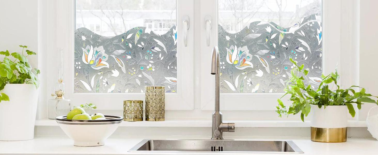 Window Film Floral Stained Glass Window Privacy Film 17.7 x 78.7 inches Front Door Decorative Glass Privacy Film Removable Static Cling Anti-UV Window Cling