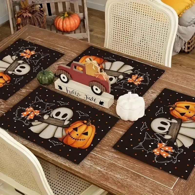 Halloween Pumpkin Ghost Candy Pattern Placemats, 4/6 Piece Set, 12x18 Inches, Seasonal Decor for Kitchen, Dining, Parties, Indoor Outdoor