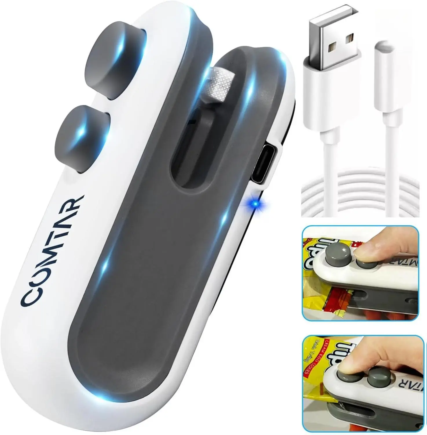COMTAR Mini Bag Sealer & Cutter Upgraded 2 in 1 Heat Sealer&Cutter Rechargeable USB C Bag Sealer Heat Seal Machine with Magnet Portable Resealer Machine Sealer for Plastic Bags Chip Storage Snacks Freshness