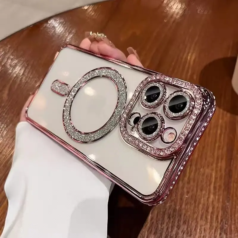 [LX] Rhinestone TPU Phone Case with Transparent Base for iPhone 17-13 Pro Max/Plus, 2025 New Fashion Glitter Design, Magnetic Wireless Charging Compatible Bumper Cover, Accessories